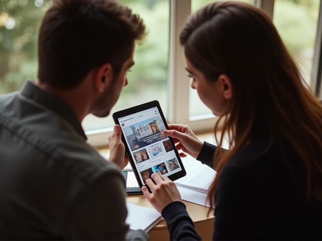 Mentor und Mentee besprechen Design-Portfolio auf einem Tablet, symbolisiert persönliche Anleitung und Karriereentwicklung