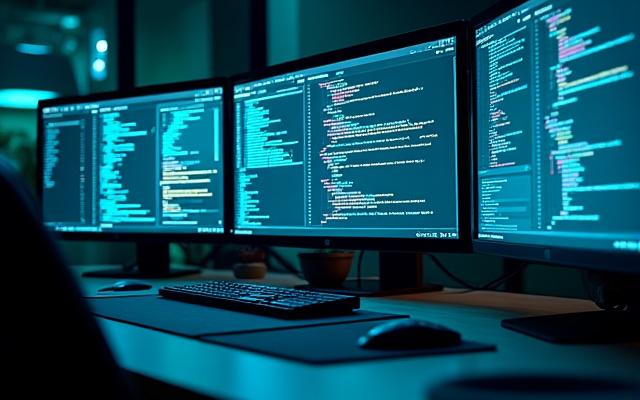 Multitasking-Bildschirm mit Code, Design-Mockups und Benutzeroberflächenelementen, die eine Webdesign-Masterclass hervorheben